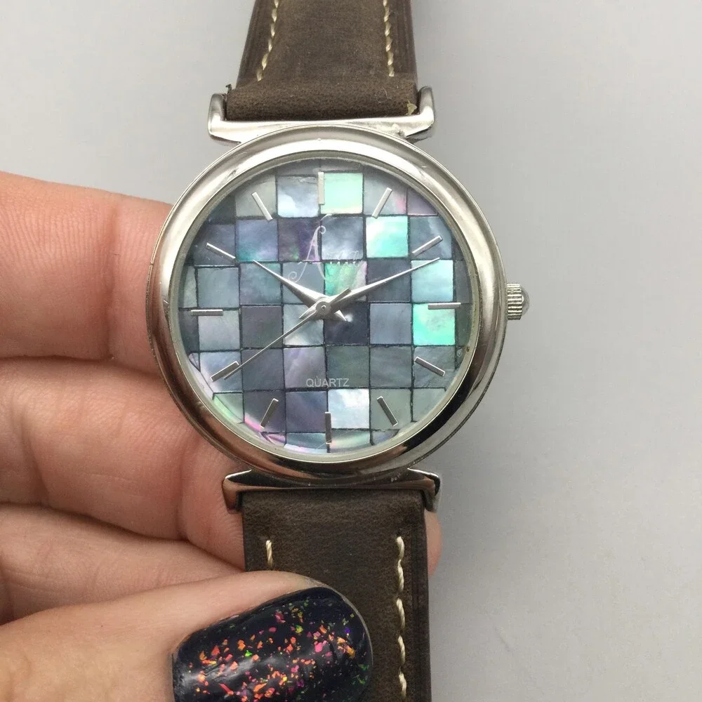 Aria Womens Watch 34mm Abalone Mosaic Dial Brown Leather Band New Battery